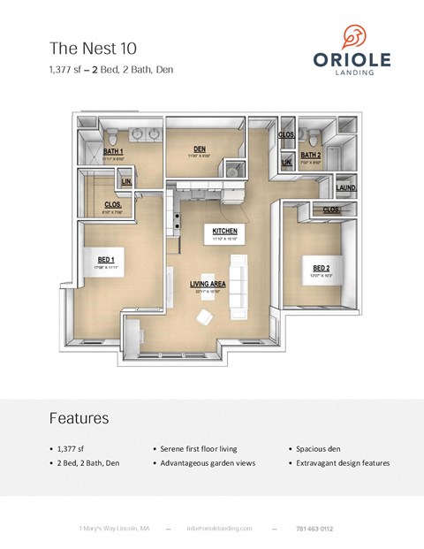 Floor plan for 2 beds, 2 baths, 1377 sqft